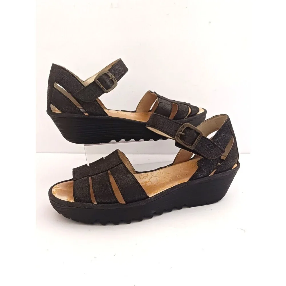 FLY London Rese730Fly Blk Leather Strappy Wedge Sandal Ankle Strap 39/8-8.5